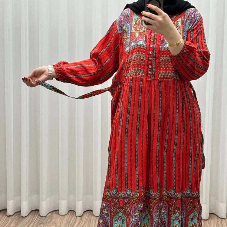 پیراهن ساحلی نخی زنانه فری سایز مدل تارا کد 1337 شسته شده کمربنددار دکمهدار بدون آبرفت و رنگرفت