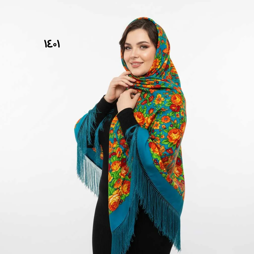 روسری ترکمن اصل کد 1401 ترکیه جنس نخی قواره 140-150 سانت ریشه دستباف 4 فصل