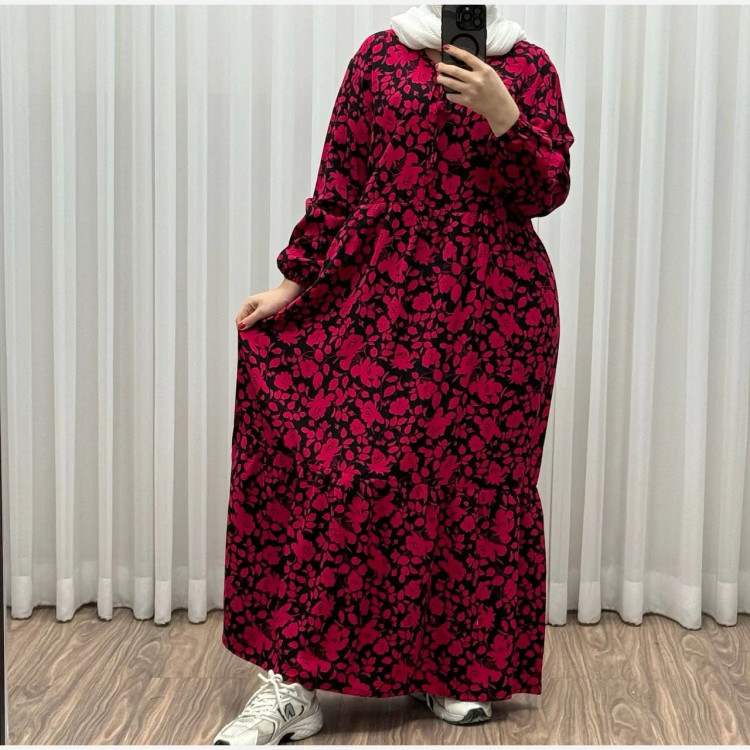 پیراهن ساحلی نخی گلدار زنانه فری سایز تا 50 کد 1308 شسته شده بدون آبرفت و رنگ رفت کمربنددار