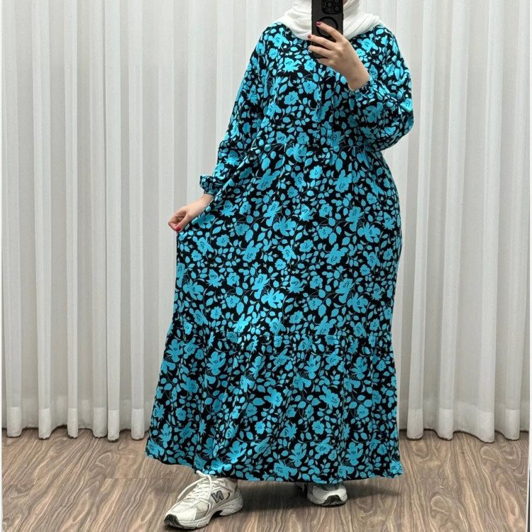 پیراهن ساحلی نخی گلدار زنانه فری سایز تا 50 کد 1308 شسته شده بدون آبرفت و رنگ رفت کمربنددار