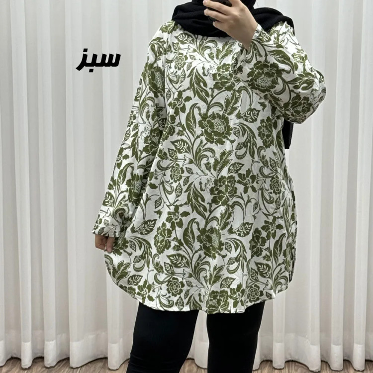 تونیک نخی زنانه فری سایز تا سایز 52 مدل فلور کد 1618 با کمربند چهارفصل بدون دکمه جلو