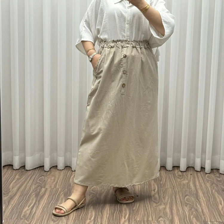 دامن لینن شمسی کد 1371 فری سایز تا 48 قد 95 سانتیمتر چهارفصل زنانه روزمره