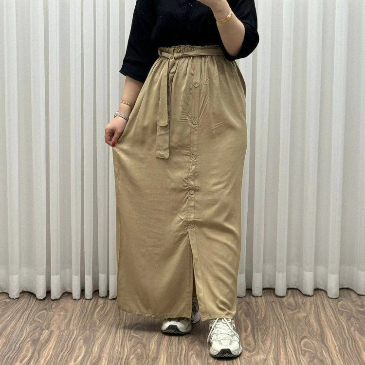 دامن نخی جلو دکمه چاک دار فری سایز تا 48 قد 105 سانتی متر زنانه چهارفصل شیک راحت