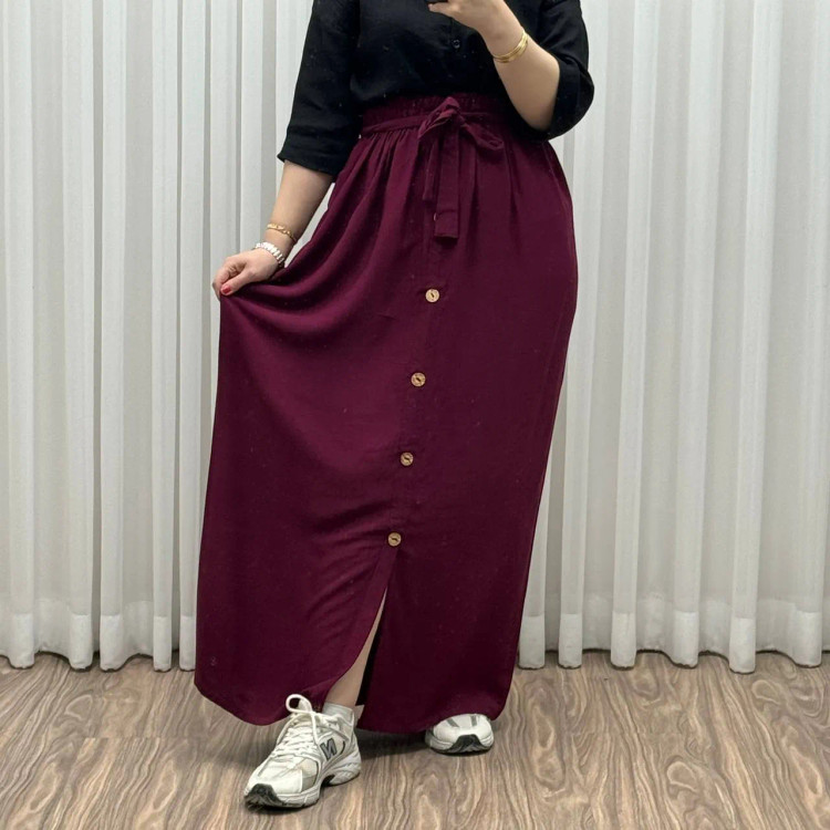 دامن نخی جلو دکمه چاک دار فری سایز تا 48 قد 105 سانتی متر زنانه چهارفصل شیک راحت