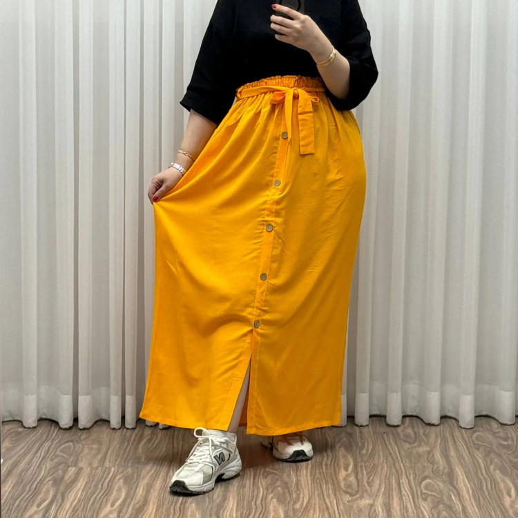 دامن نخی جلو دکمه چاک دار فری سایز تا 48 قد 105 سانتی متر زنانه چهارفصل شیک راحت