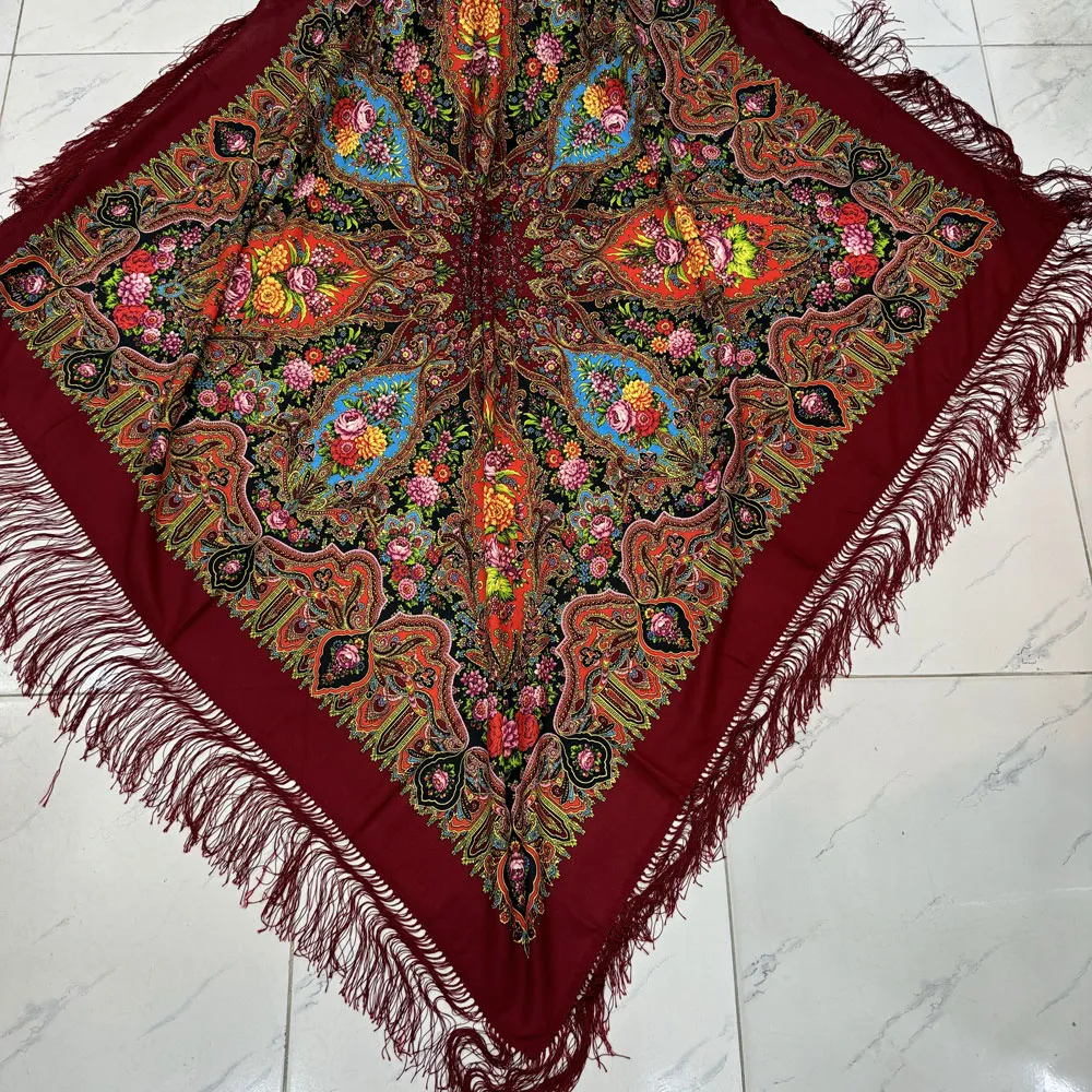 روسری نخی ترکمن قواره بزرگ ریشه دستباف کد 1654 زنانه چهار فصل وارداتی ترکیه