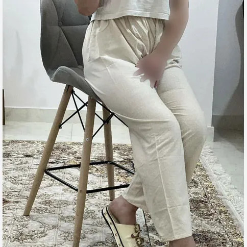 شلوار لینن زنانه فری سایز تا 46 رنگی کرم چهارفصل تنخور شیک و راحت بدون سایه اندازی