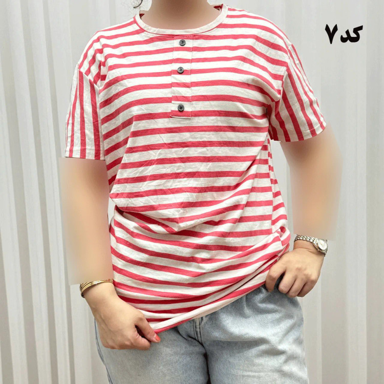 تیشرت H&M راه راه دکمه نما نخ پنبه چهارفصل زنانه و دخترانه تنخور راحت سایز بزرگ