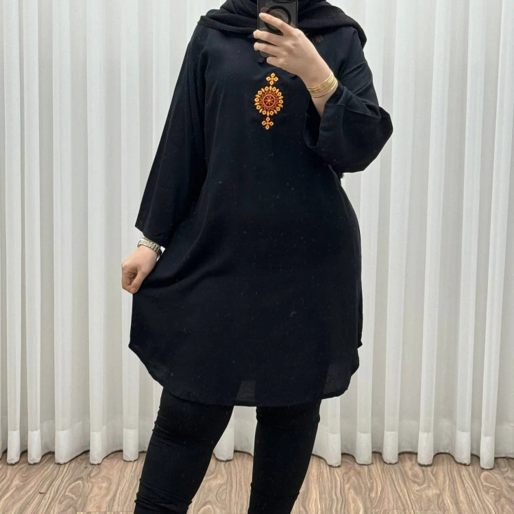 تونیک نخی گلدوزی مشکی فری سایز تا 48 زنانه چهارفصل تنخور شیک راحت بنددار