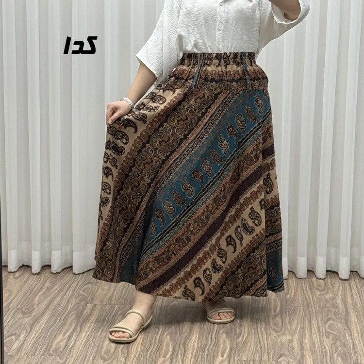 دامن وارداتی اندونزی مدل دنیا کد 1611 فری سایز تا 48 قد 95 سوپر نخ چهارفصل آستر دار بدون بدن نما