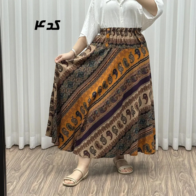 دامن وارداتی اندونزی مدل دنیا کد 1611 فری سایز تا 48 قد 95 سوپر نخ چهارفصل آستر دار بدون بدن نما