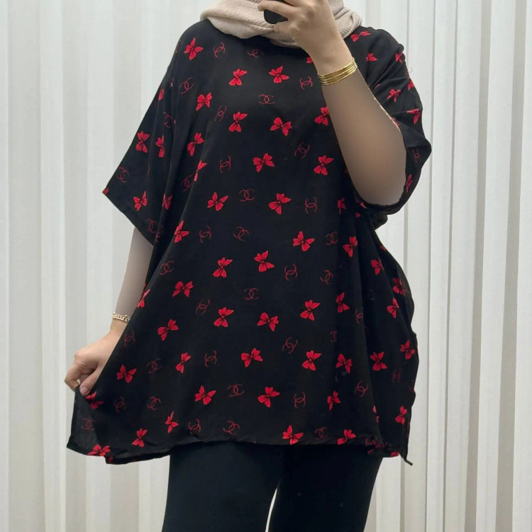 تیشرت نخی پاپیونی فری سایز تا سایز 52 تنخور راحت چهارفصل مناسب خانمها و دخترانه