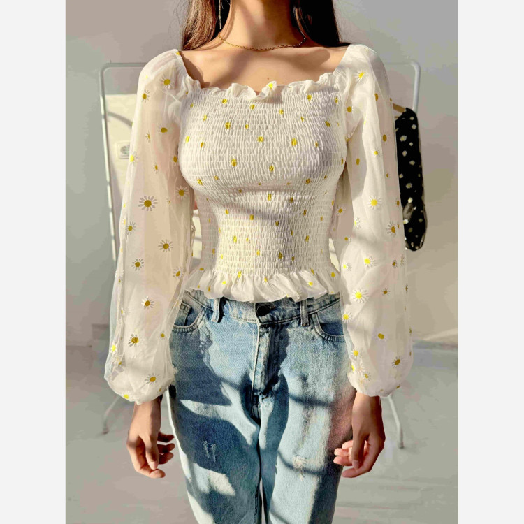 پیراهن کراپ بابونه نخ طوری فری سایز مناسب تا 38 تنخور شیک و راحت چهارفصل بدون سایه اندازی