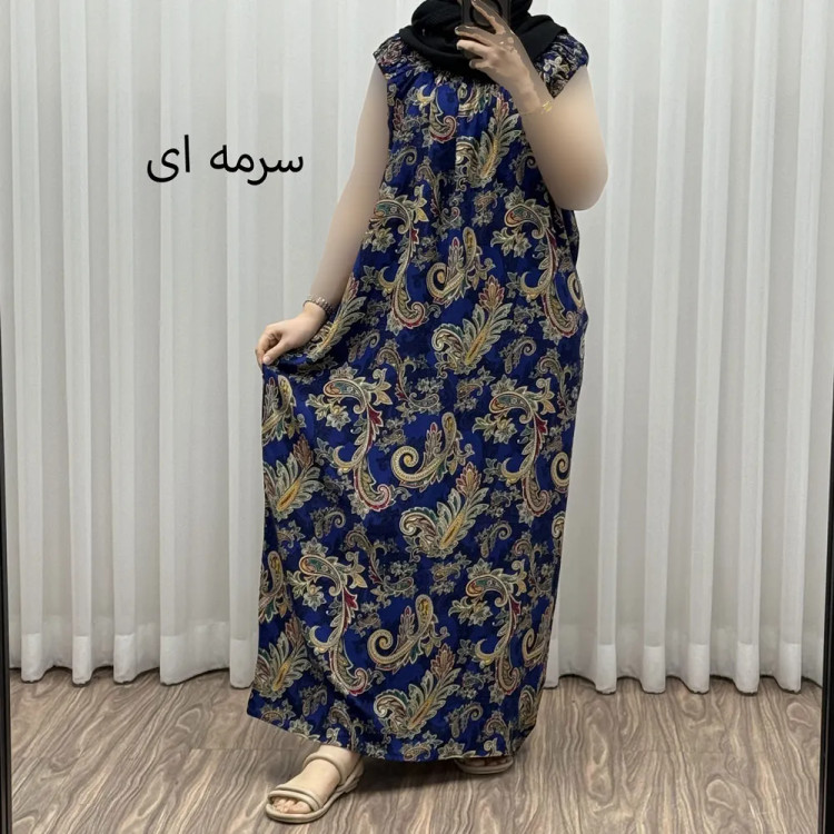 پیراهن نخی شسته شده فری سایز تا 54 آستین حلقه مدل ترمه بدون آبرفت و رنگ رفت کمربنددار چهارفصل