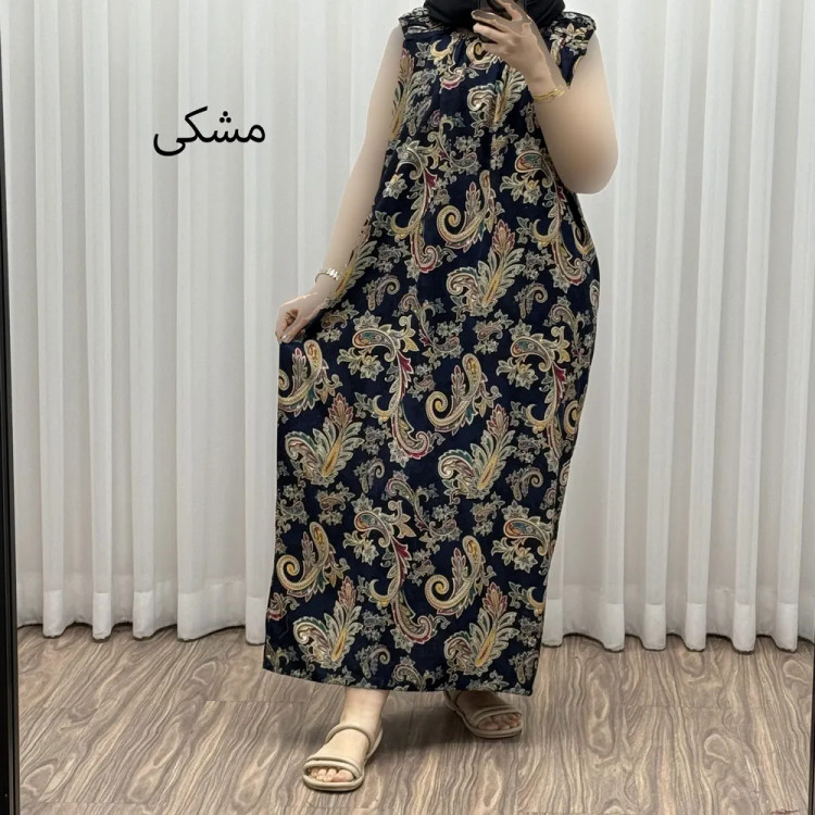 پیراهن نخی شسته شده فری سایز تا 54 آستین حلقه مدل ترمه بدون آبرفت و رنگ رفت کمربنددار چهارفصل