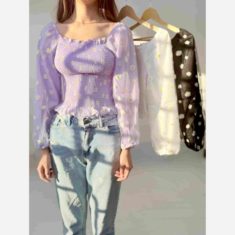 پیراهن کراپ بابونه نخ طوری فری سایز مناسب تا 38 تنخور شیک و راحت چهارفصل بدون سایه اندازی