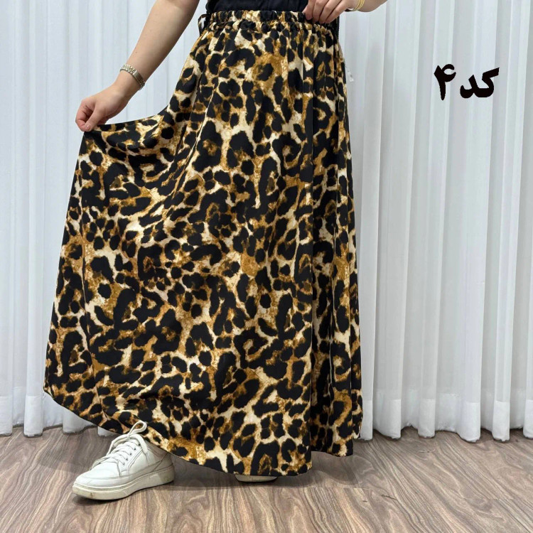 دامن زنانه بلند کرپ الیزه طرح پلنگی فری سایز تا 50 چهارفصل شیک راحت بدون آبرفت و چروک