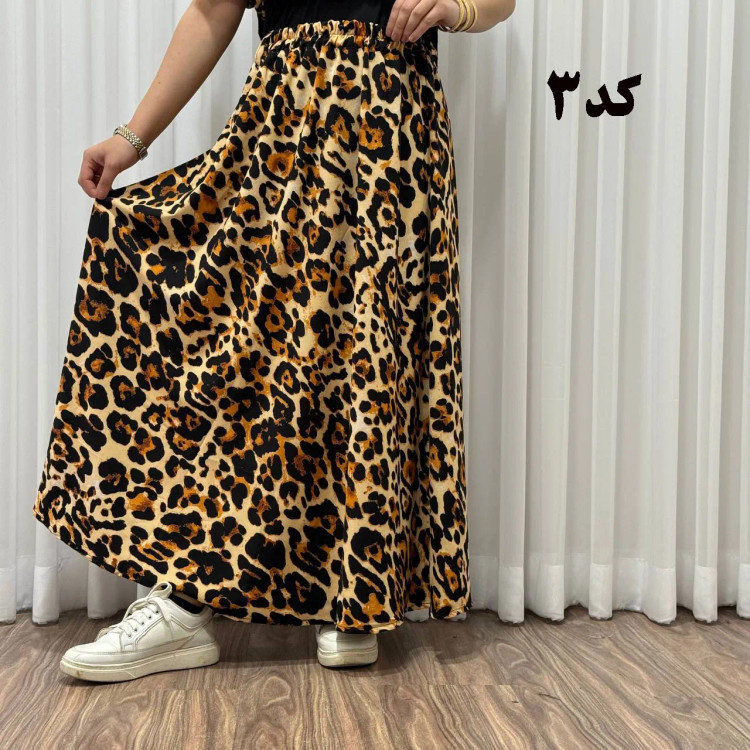دامن زنانه بلند کرپ الیزه طرح پلنگی فری سایز تا 50 چهارفصل شیک راحت بدون آبرفت و چروک