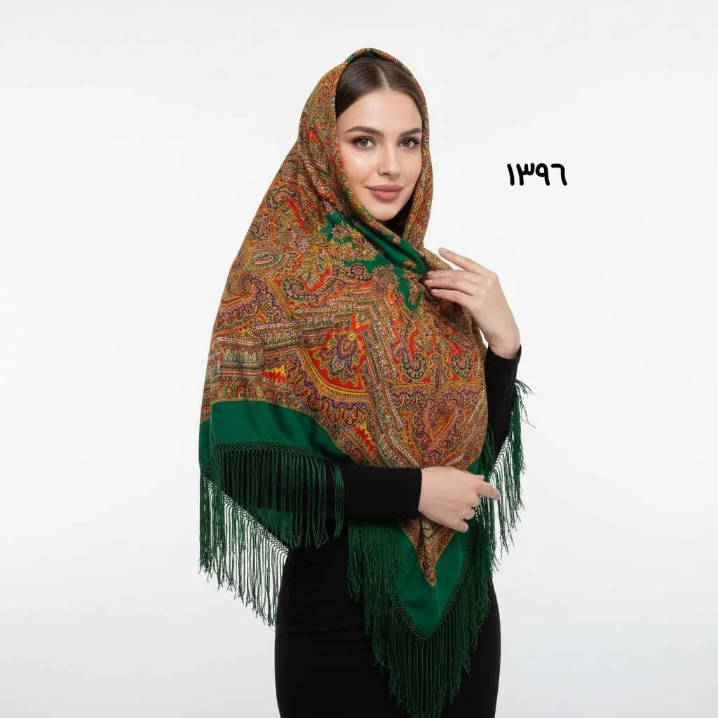 روسری ترکمن اصل ترکیه کد 1396 قواره 140-150 جنس نخی ریشه دستباف 4 فصل