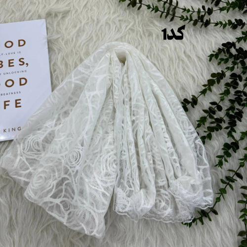 شال گیپوری سفید طرحدار مجلسی کد 1341 قواره 150x70 سانتیمتر بدون آبرفت و چروک