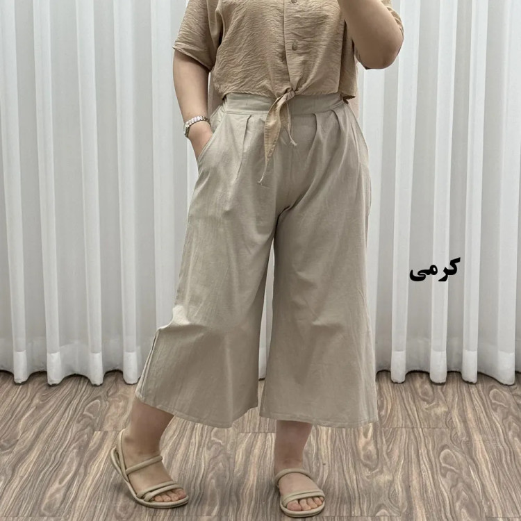 شلوار واید لنین نچرال فری سایز تا 50 تنخور شیک و راحت چهارفصل زنانه مناسب باردار و سایز درشت