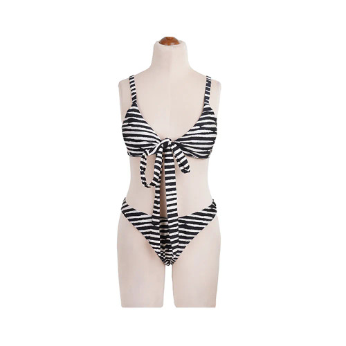 مایو بیکینی دوتیکه طرح راه راه کرم مشکی فری سایز استرج