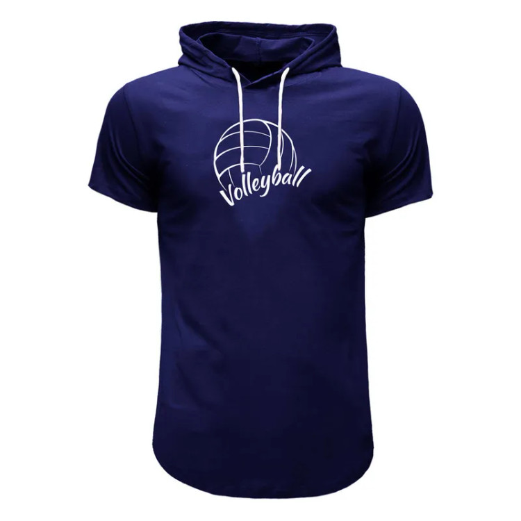 تیشرت کلاه دار آستین کوتاه مردانه سورمه ای نخی اسپرت