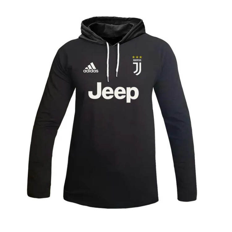 تیشرت آستین بلند مردانه طرح یوونتوس کلاه دار نخی اعلا مشکی سفید سایز L XL 2XL