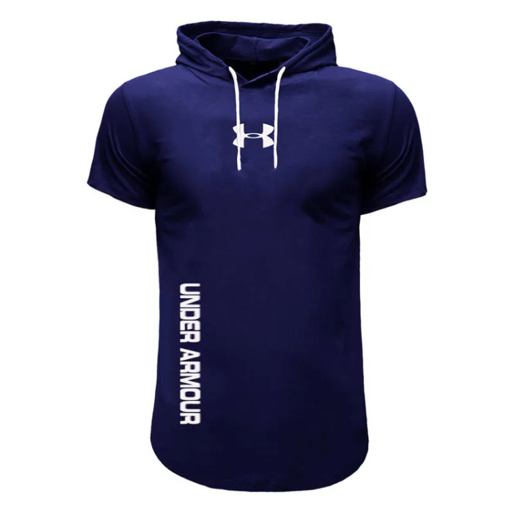 تی شرت کلاه دار مردانه سورمه ای آستین کوتاه نخی مدل B4417