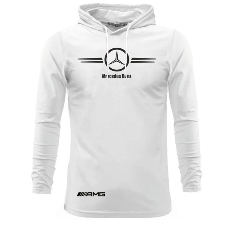 تیشرت آستین بلند مردانه طرح Benz مدلd5678 کلاه دار نخی اعلا سه رنگ مشکی زرد سفید سایزبندی L XL 2XL