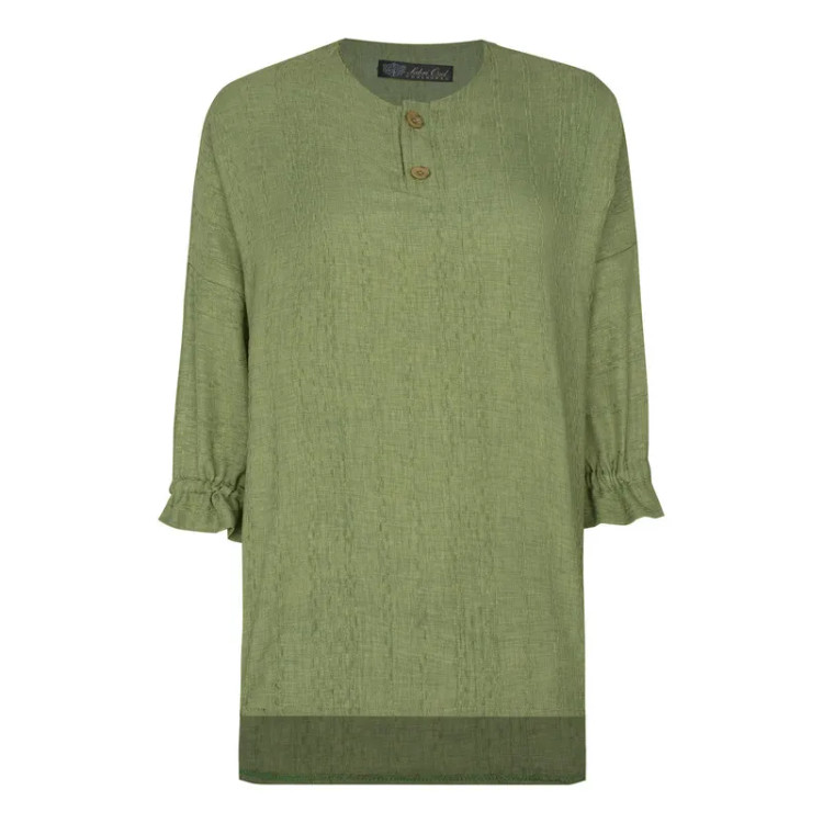 شومیز زنانه آستین سه ربع یقه دکمه دار مدل سوفیا سبز سدری مراکشی ساده کد8373