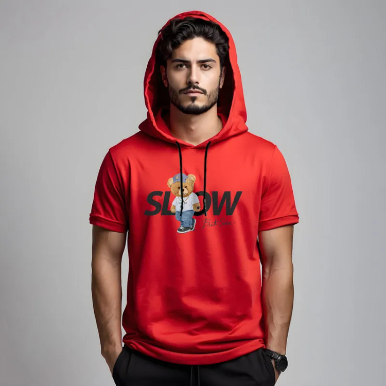 تی شرت کلاه دار آستین کوتاه مردانه نخی اسپرت روزمره مدل 14020825b