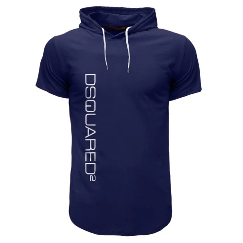 تیشرت کلاه دار مردانه مدل 001051 سرمه ای نخ یقه گرد آستین کوتاه ساده