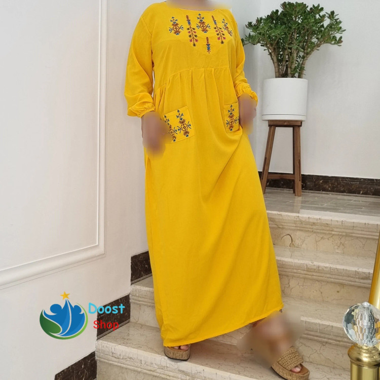 پیراهن ساحلی نخی گلدوزی جیب دار فری سایز