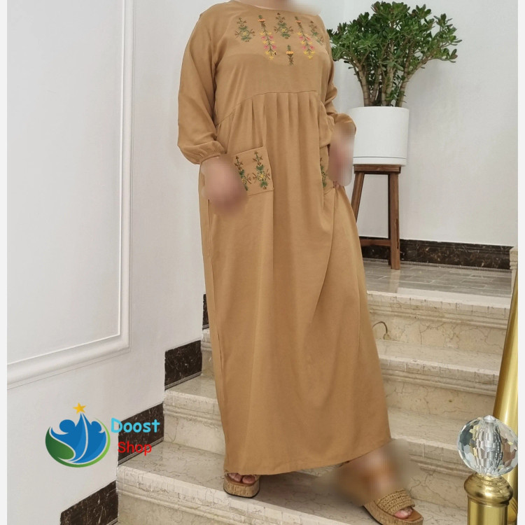 پیراهن ساحلی نخی گلدوزی جیب دار فری سایز