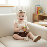 تاپ شورت نوزادی تاپ شلوارک دخترانه ست تابستانه ملینا جنس تریکو و کتان پنبه سبز مخمل کبریتی قهوه ای سایز بدو تولد تا سه سال و نیم