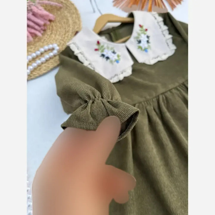 پیراهن دخترانه مخمل کبریتی طرح انار مناسب شب یلدا سایز 2 تا 9 سال