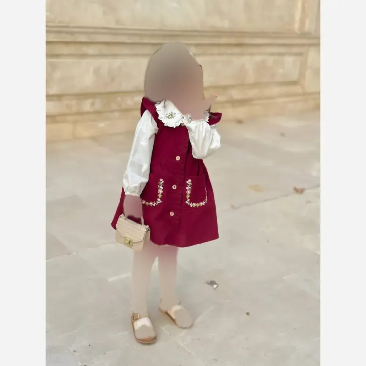 ست شومیز و سارافون دخترانه جنس لینن کتان رنگ زرشکی سایز 3 تا 9 سال