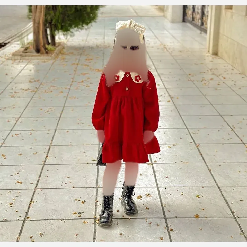پیراهن دخترانه مخمل کبریتی یلدایی سایز 2 تا 6 سال