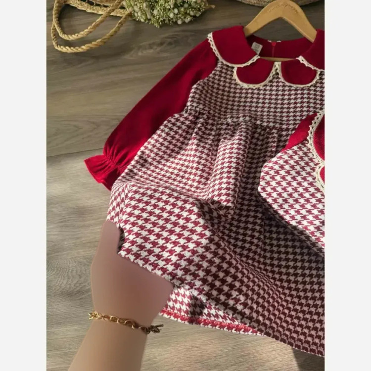 پیراهن دخترانه پشمی و مخمل کبریتی مناسب 2 تا 6 سال