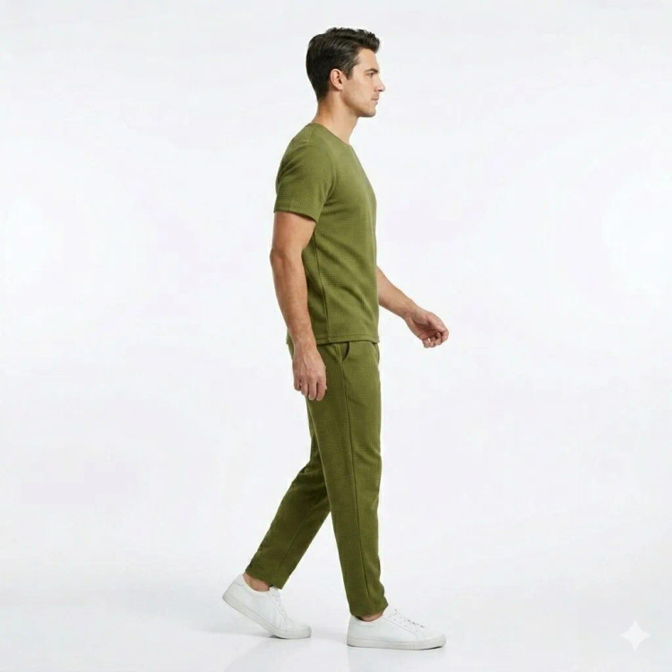 ست تیشرت و شلوار مردانه طرح بیسکویتی یقه کوبایی رنگ سبز