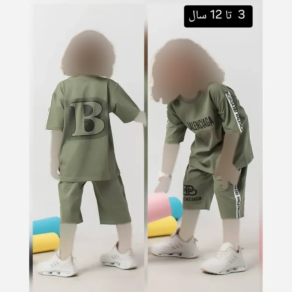 ست تیشرت و شلوارک پسرانه و دخترانه مدل بالنسیا مناسب 3 تا 12 سال در 4 رنگ متنوع