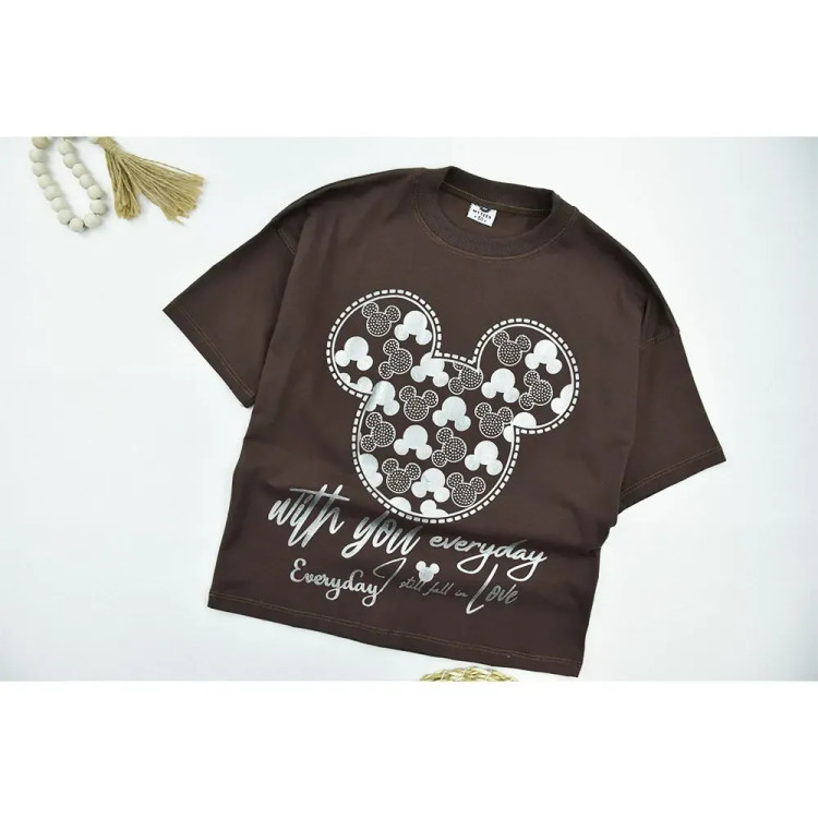 تیشرت دخترانه طرح میکی موس یقه گرد پنبه ای