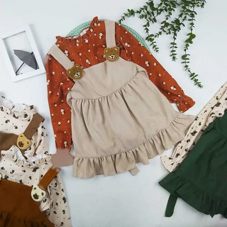 ست بلوز و سارافون دخترانه مخمل کبریتی طرح خرسی