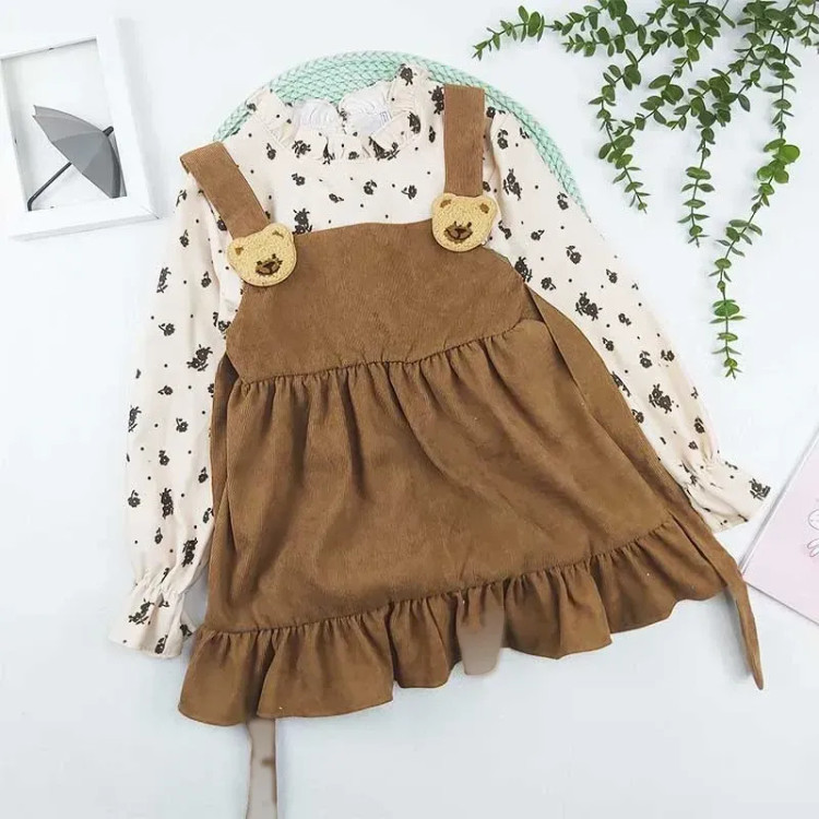 ست بلوز و سارافون دخترانه مخمل کبریتی طرح خرسی