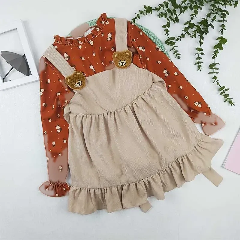 ست بلوز و سارافون دخترانه مخمل کبریتی طرح خرسی