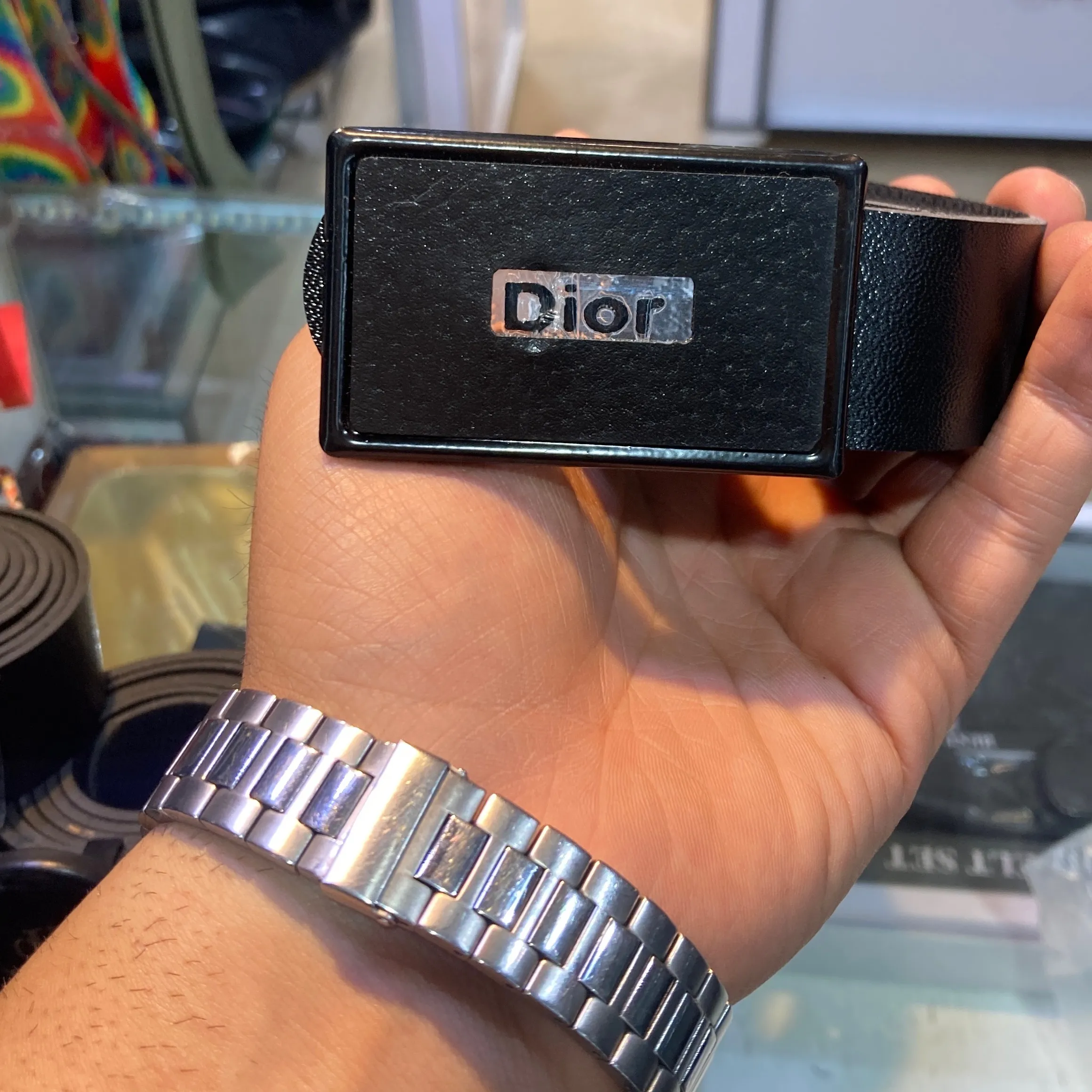 کمربند مردانه چرم مصنوعی Dior رنگ مشکی با سگک مستطیلی طول 118 سانتیمتر