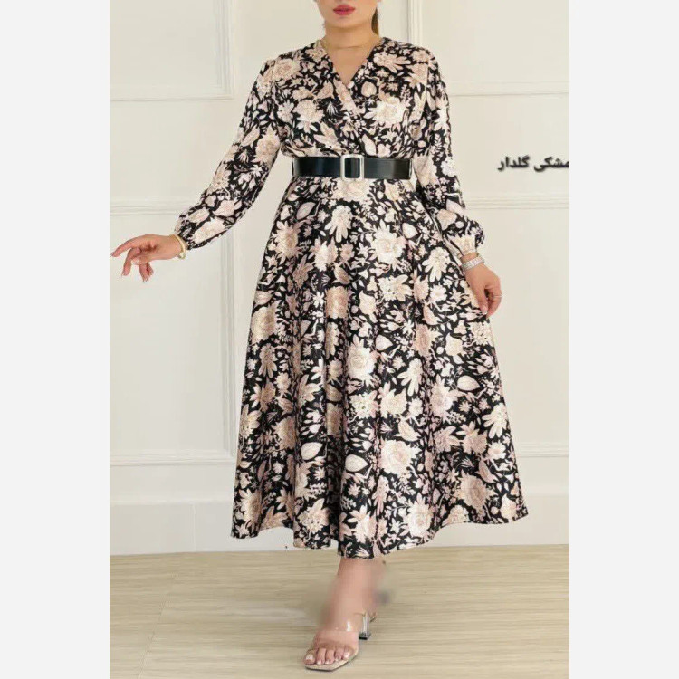 پیراهن مجلسی زنانه ساتن مدل دامن کلوش یقه چپ و راستی قد 135