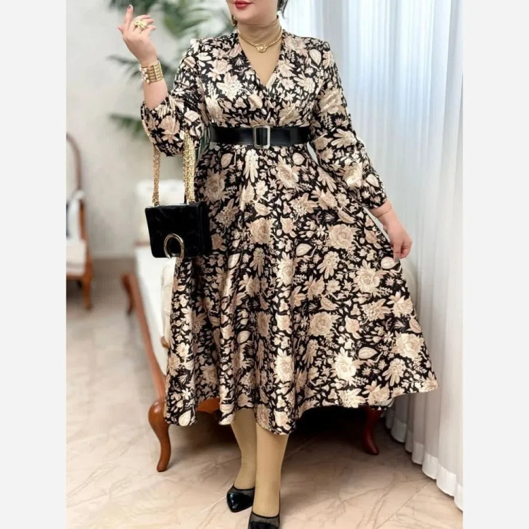 پیراهن مجلسی زنانه ساتن مدل دامن کلوش یقه چپ و راستی قد 135