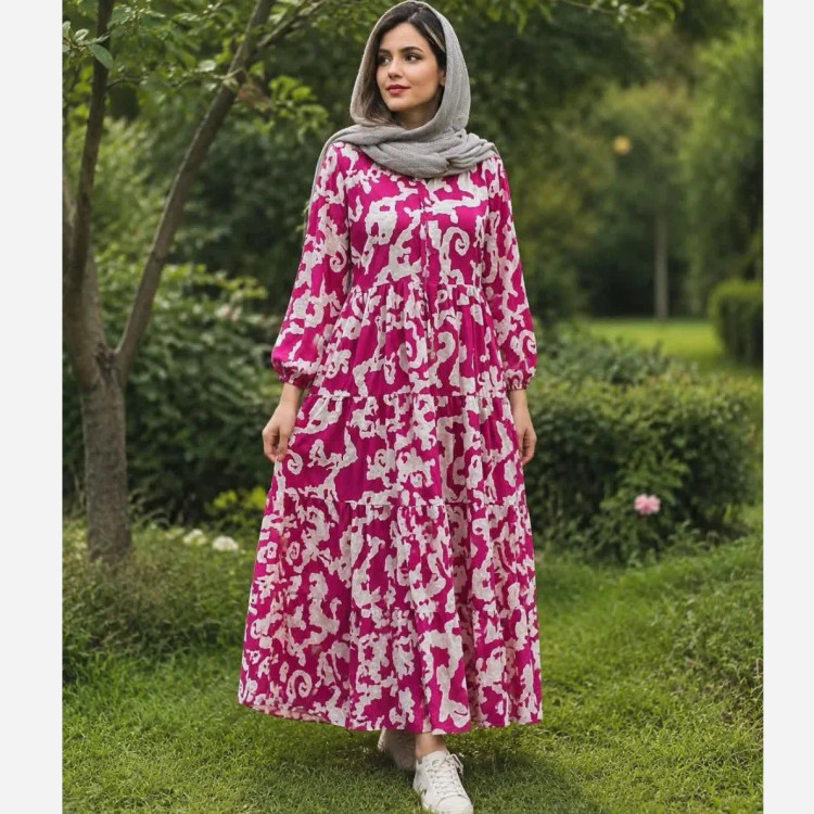 پیراهن زنانه مانتویی فلور طرح ساحلی مدل دامن 3 چین سایز 36 تا 50
